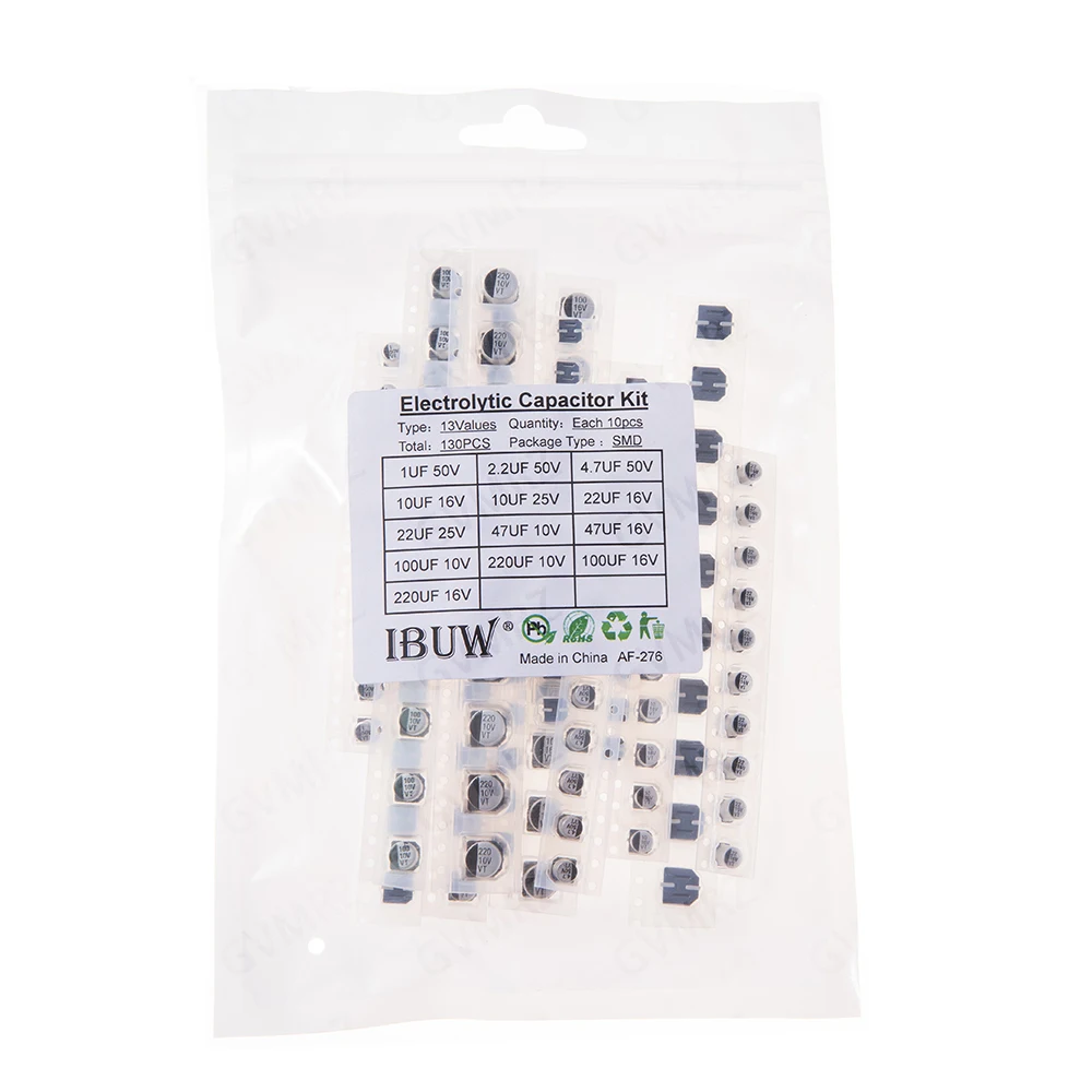 130PCS 13Values SMD Electrolytic Capacitor Kit for Power Filtering & Electronic Prototyping  1UF50V 2.2UF 50V 4.7UF 50V  10UF