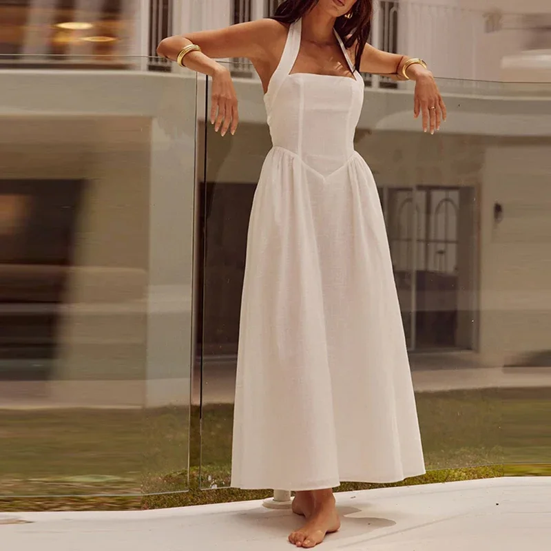 

LIBIELIY Summer Fashion Pockets Maxi Dress Sexy Halter Sleeveless Pleated Long Dress 2025 Spring Elegant Hight Waist Solid Part