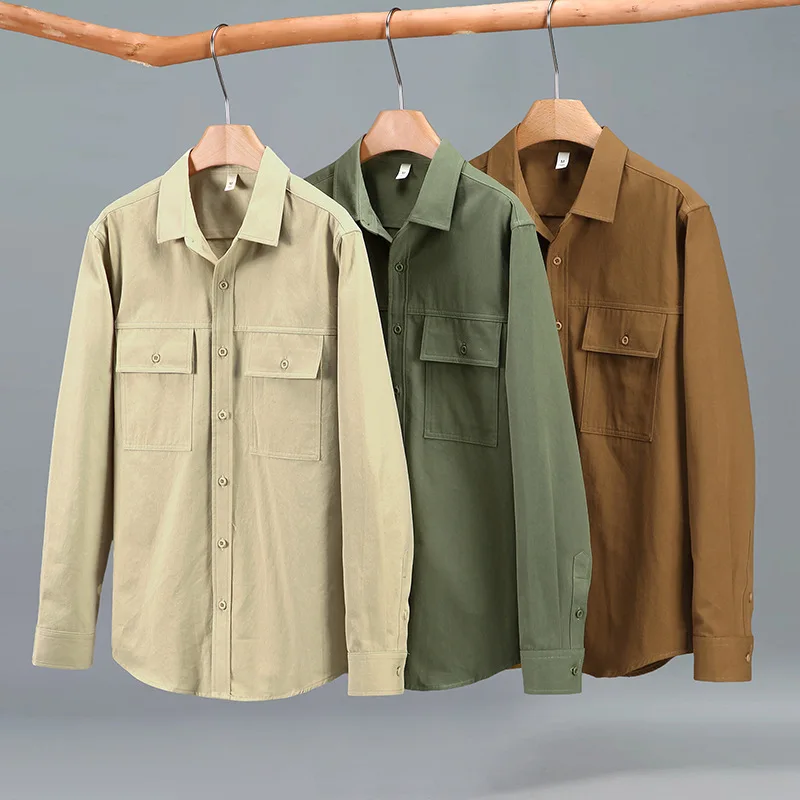 Autumn New Cargo Shirts Men Pure Cotton Apricot Long Sleeve Shirt Men Japanese Casual Double Pockets Workwear Top Thin Jacket