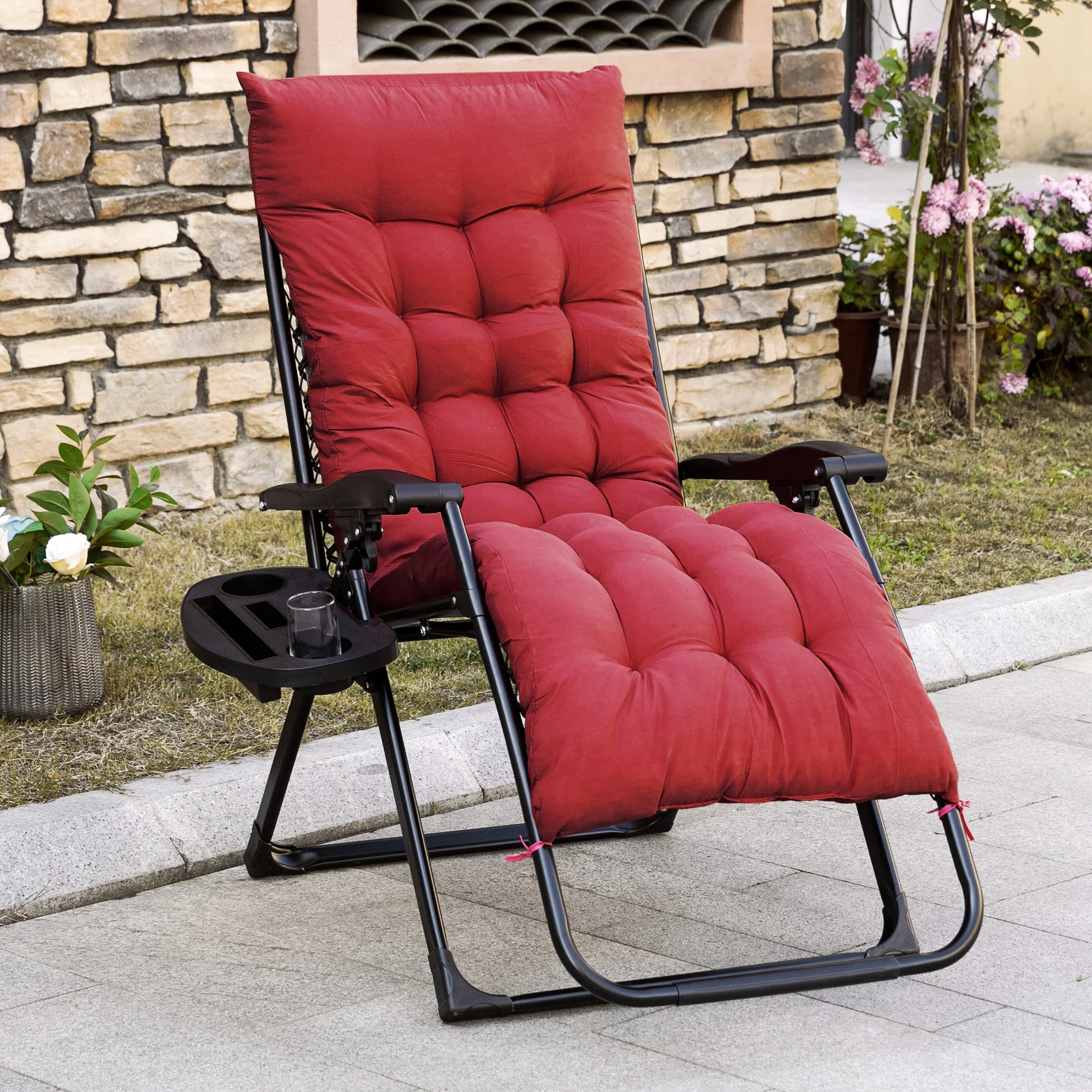 

Zero Gravity Folding Patio Recliner, Cushion, Reclining Chair, Cup Holder Red