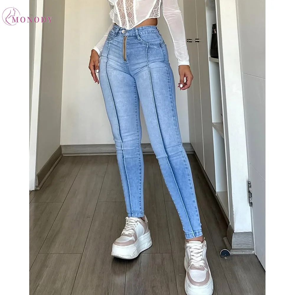 

Women's Stretchy Skinny Jeans High Waist Front Zipper Slim Fit Hip Lift Denim Pants Tummy Control Casual Trousers