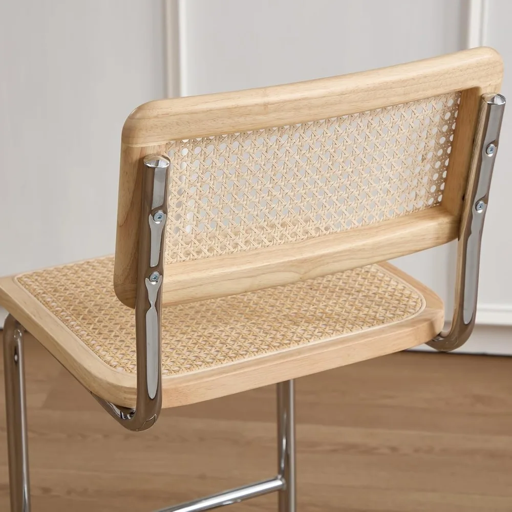 Bangku Tinggi Konter Rotan Alami, Kursi Bar Boho Set 2 dengan Punggung Kayu, Kursi Bar Modern 24 Inci, Tidak Bisa Abad Pertengahan