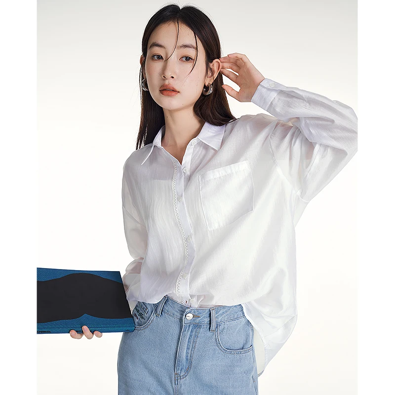 Toyouth Women Sunscreen Shirt 2023 Summer Long Sleeve Polo Neck Loose Blouse Tiansi Lightweight Breathable White Blue Tops