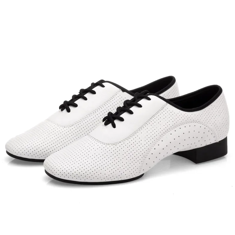 Chaussures modernes pour hommes peau de vache blanc entièrement perforé danse sociale semelle à deux points chaussures de danse carrées latines chaussures de danse Standard