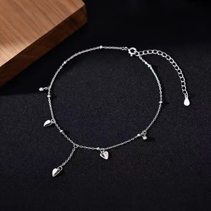 Real 925 Sterling Silver Mini Heart Tassel Anklet For Women Classic Fine Jewelry Summer Ocean Accessories