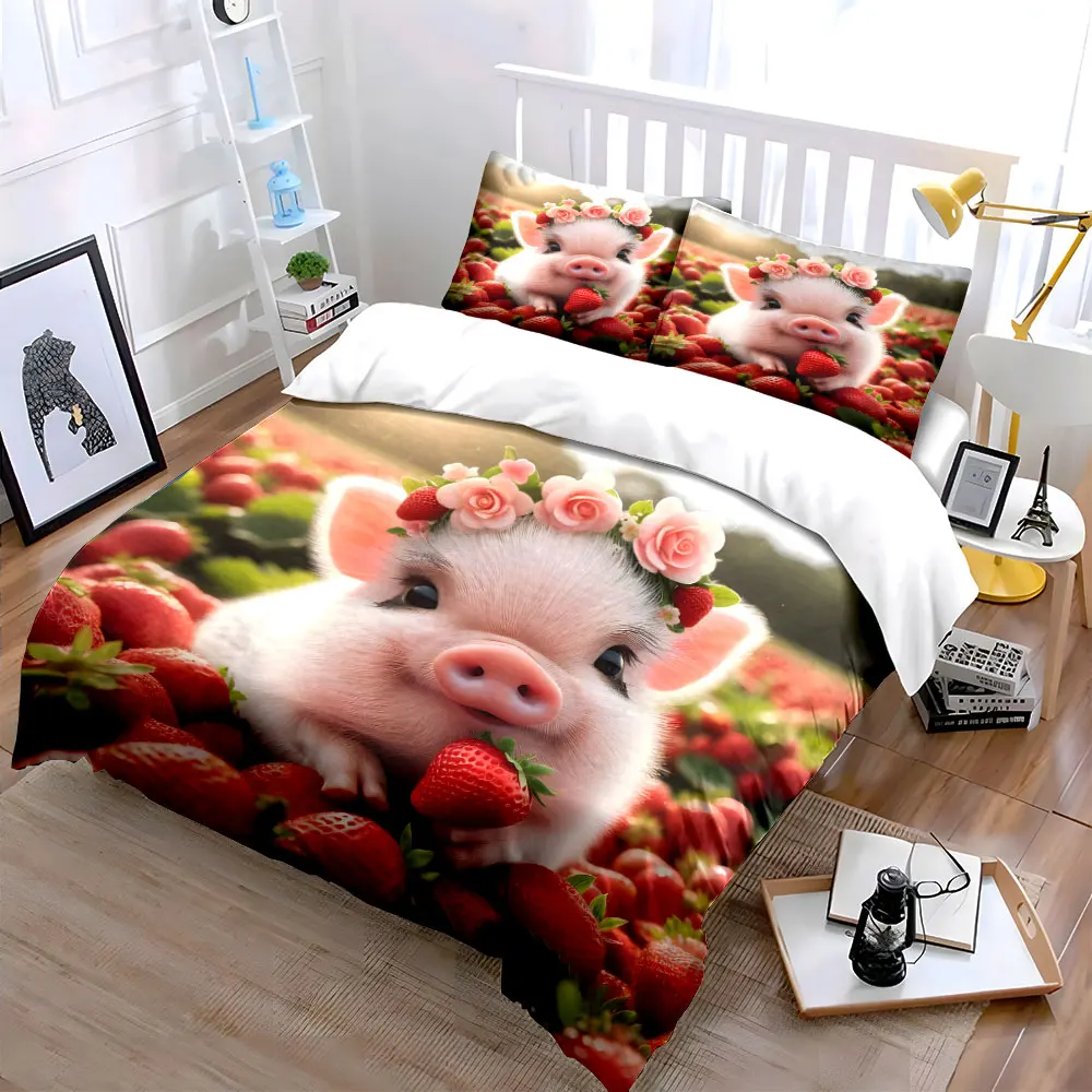 Piglet with flower crown and strawberries Bedding Set for Kids Luxury Gift 3pcs Digital Print Comforter Set Soft Comfortable