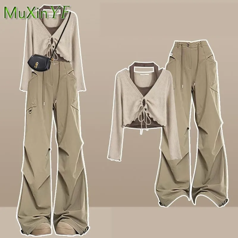 Women 2024 Autumn New Vintage Matching Set Korean Elegant Fake Two Piece Long-sleeve Top+Casual Cargo Pants Suit Female Clothes