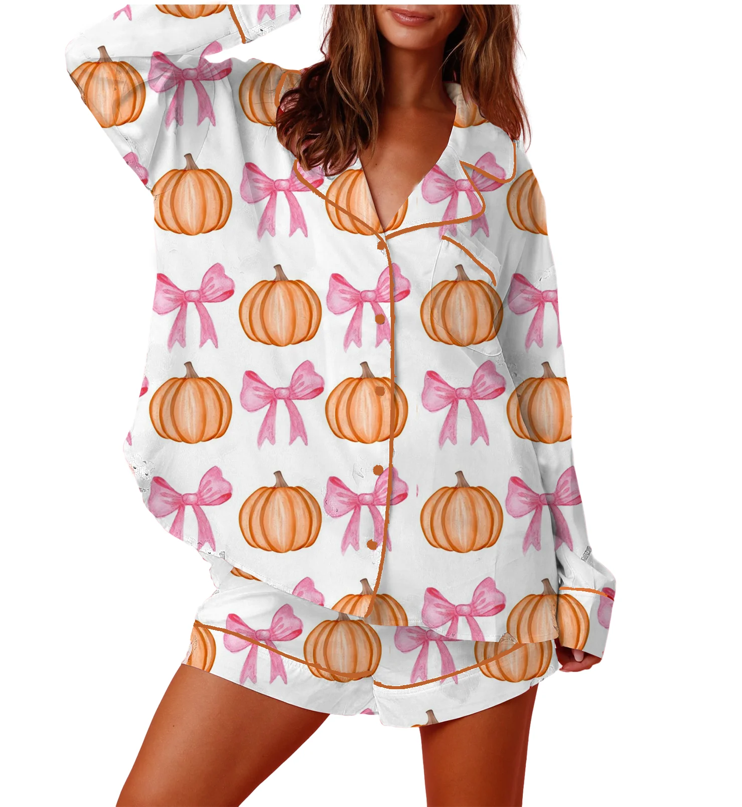 

Women Halloween Pajamas Lounge Set Pumpkin/Skull Print Long Sleeve Tops and Shorts 2 Piece Loungewear Outfits