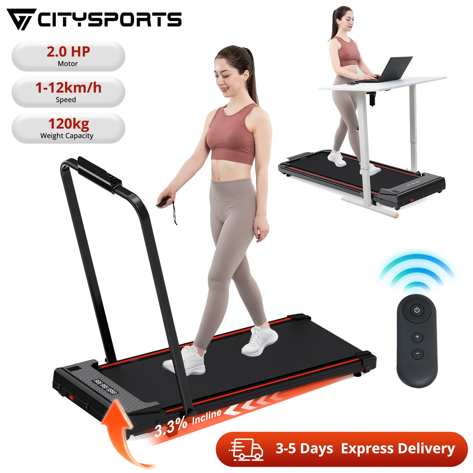 CITYSPORTS PRO Tapis de Course, Tapis de Marche, Tapis de Course Pliable, Tapis de Marche Inclinable, Tapis de Marche Pliable Inclinable 3.3%, 12km/h, Télécommande,120kg