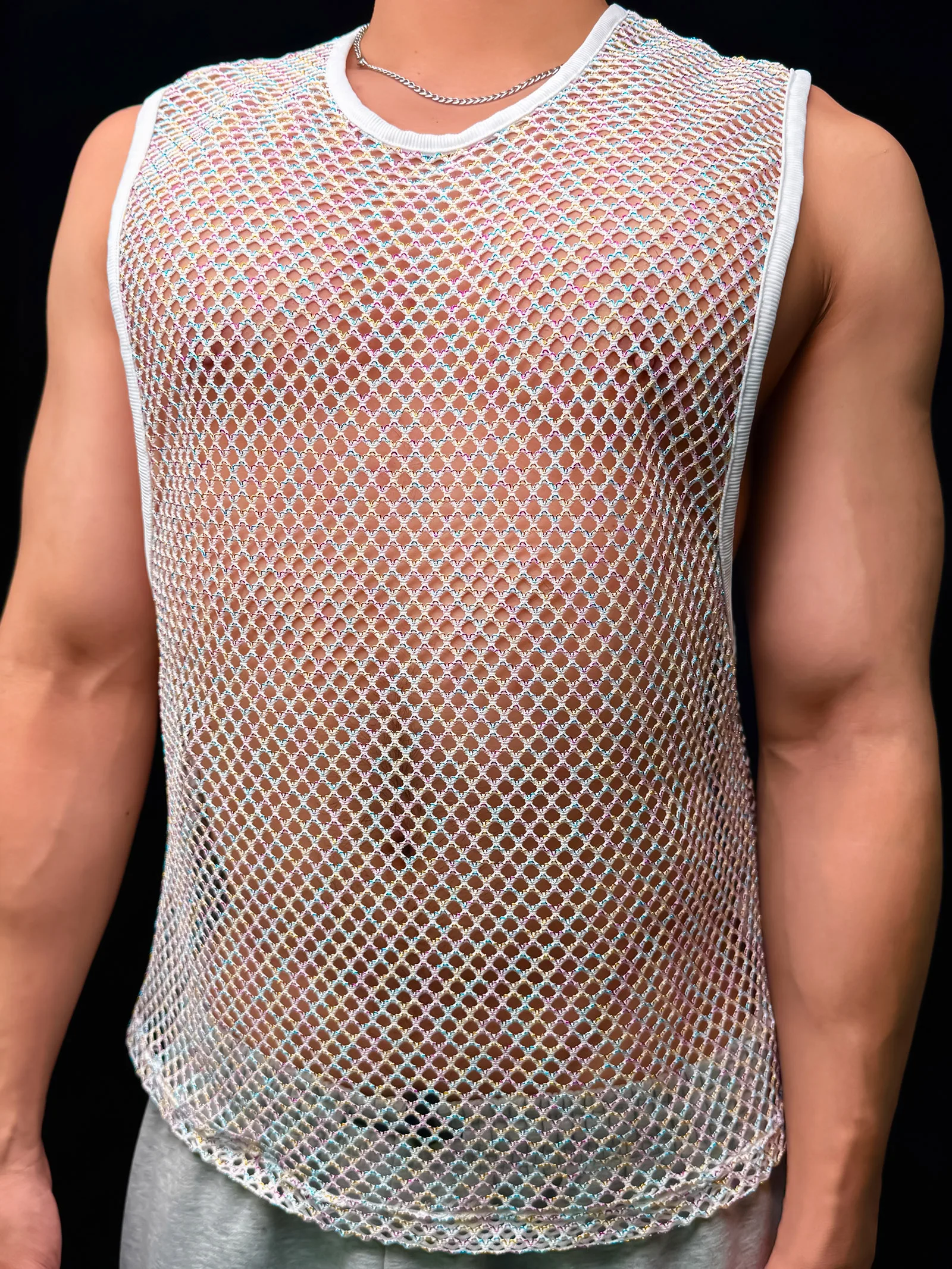 Sommer Herren Rundhals Sport-Tanktops, Hohles Netzgewebe, Ärmellos, für Laufen, Fitness, Training, Sportweste, Glänzend, Durchsichtig – Detail 11