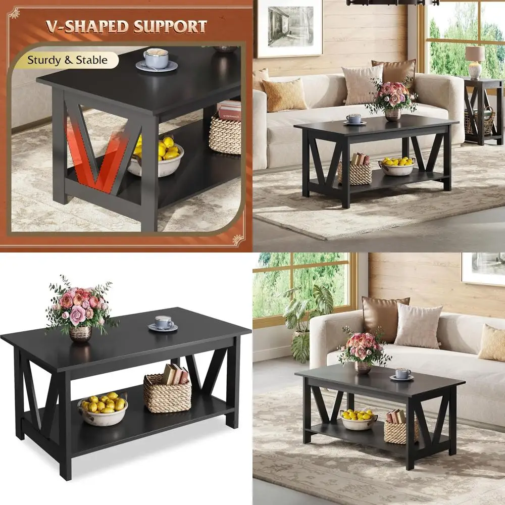 

Rustic 2-Tier Farmhouse Coffee Table, 39.4 Black Storage Shelf Centerpiece for Living Spaces