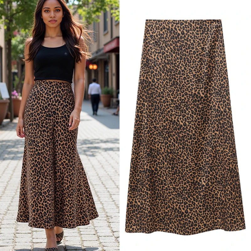 

HXAO Women 2024 Leopard Print Skirts Women's Skirt Animal Print Vintage High Waist Skirts Elegant Fashion Midi A Line Long Skirt