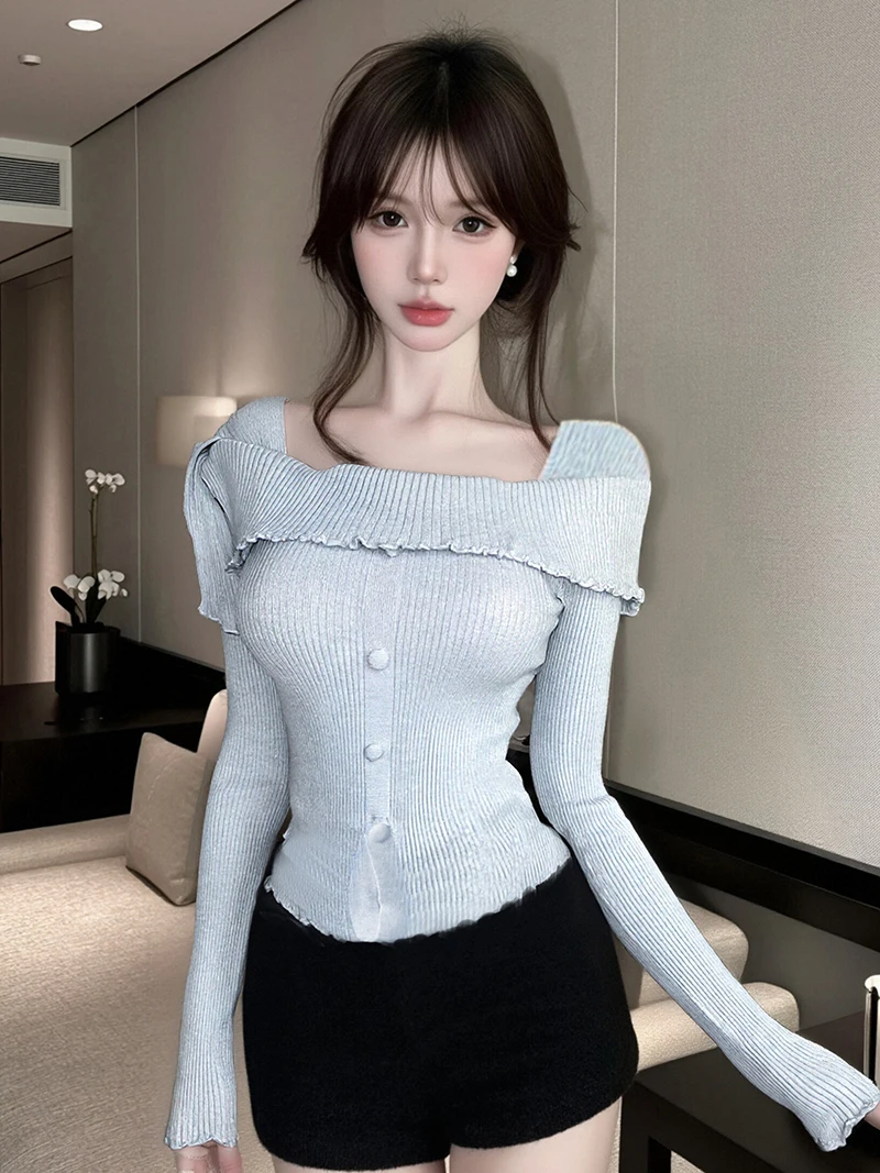 

Sweet Style Shoulder Bared Knitted Sweater Women's Autumn Winter New Design Slim Fit Base Layer Shirt Gauze Feminine