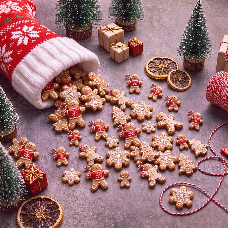 40Pcs Christmas Flatback Resin figurine Charms Mini Gingerbread Man Snowflake Xmas Tree Figurines DIY Craft Embellishments