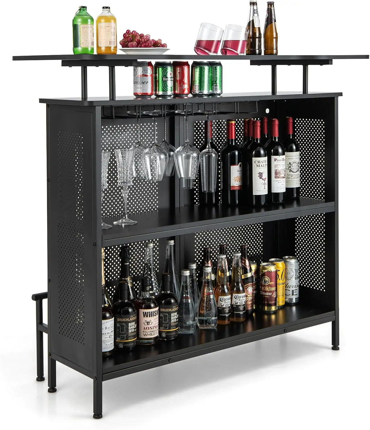 4-Tier Home Bar Unit, Home Bar Cabinet w/ 2 Wine Storage Shelves & 6 Stemware Holders, Metal Front & Footrest, 7 Adjustable Feet