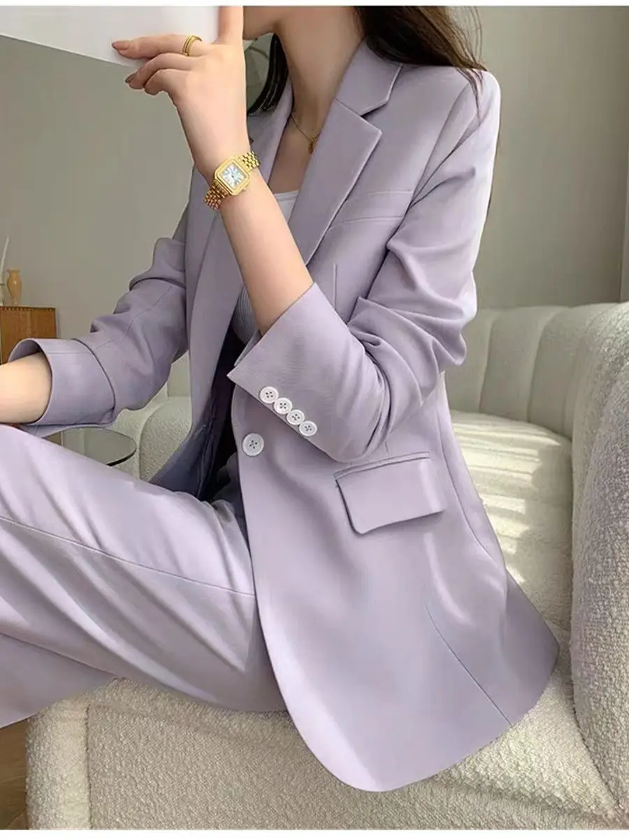 Purple Women's 2 Piece Suit One Button Fashion Blazer Business Casual Daily Outfits Elegant Pantsuit Set Customize
