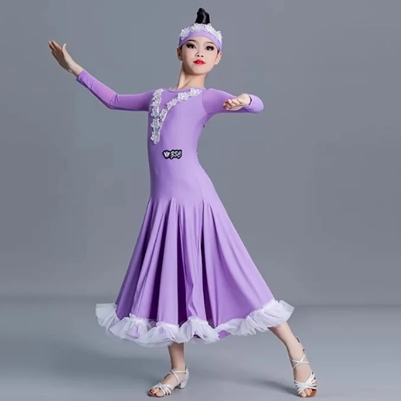 

Детская современная танцевальная одежда для девочек, сетчатая юбка с длинными рукавами для вальса, социального танца, качели, платья для фигурного катания, бальные костюмы