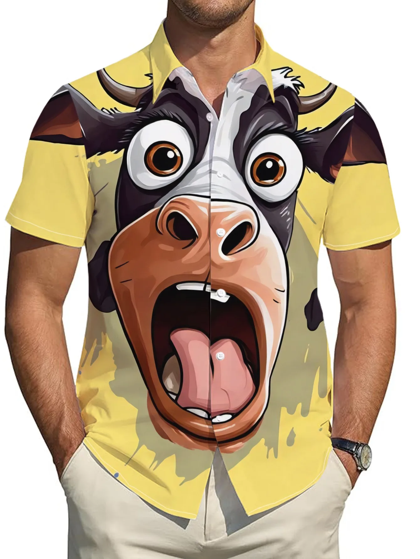 Yellow Short-sleeve Men Shirts Exaggerated Cartoon Cow Face 3D Print Featuring Lively Fun Summer Mens Tops