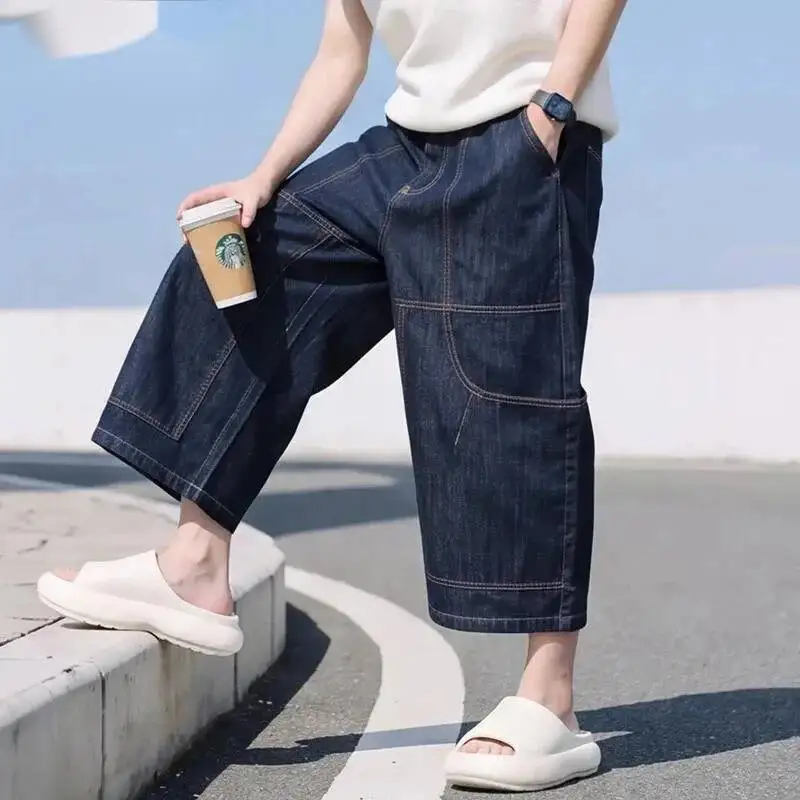 

American Retro Men's Loose Fitting Wide Leg Cropped Workwear Casual Pants Slimming Summer Unisex Denim Shorts 9XK21J