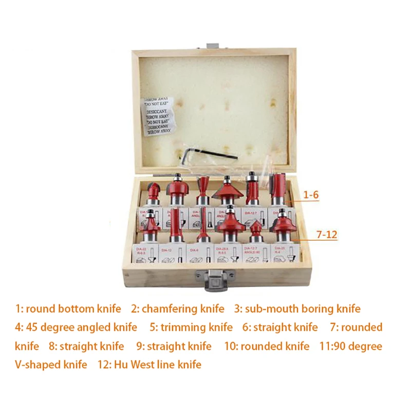 12 pz/set 1/4 "Set di punte per Router in carburo di tungsteno con codolo professionale Set di utensili per custodia in legno Set di punte per fresa