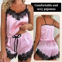 Two Piece Womens V-Neck Sexy Lace Lingerie Suspender Pajama Shorts Set Casual Woman Sleeveless Sexy Pajama Set Female Nightdress