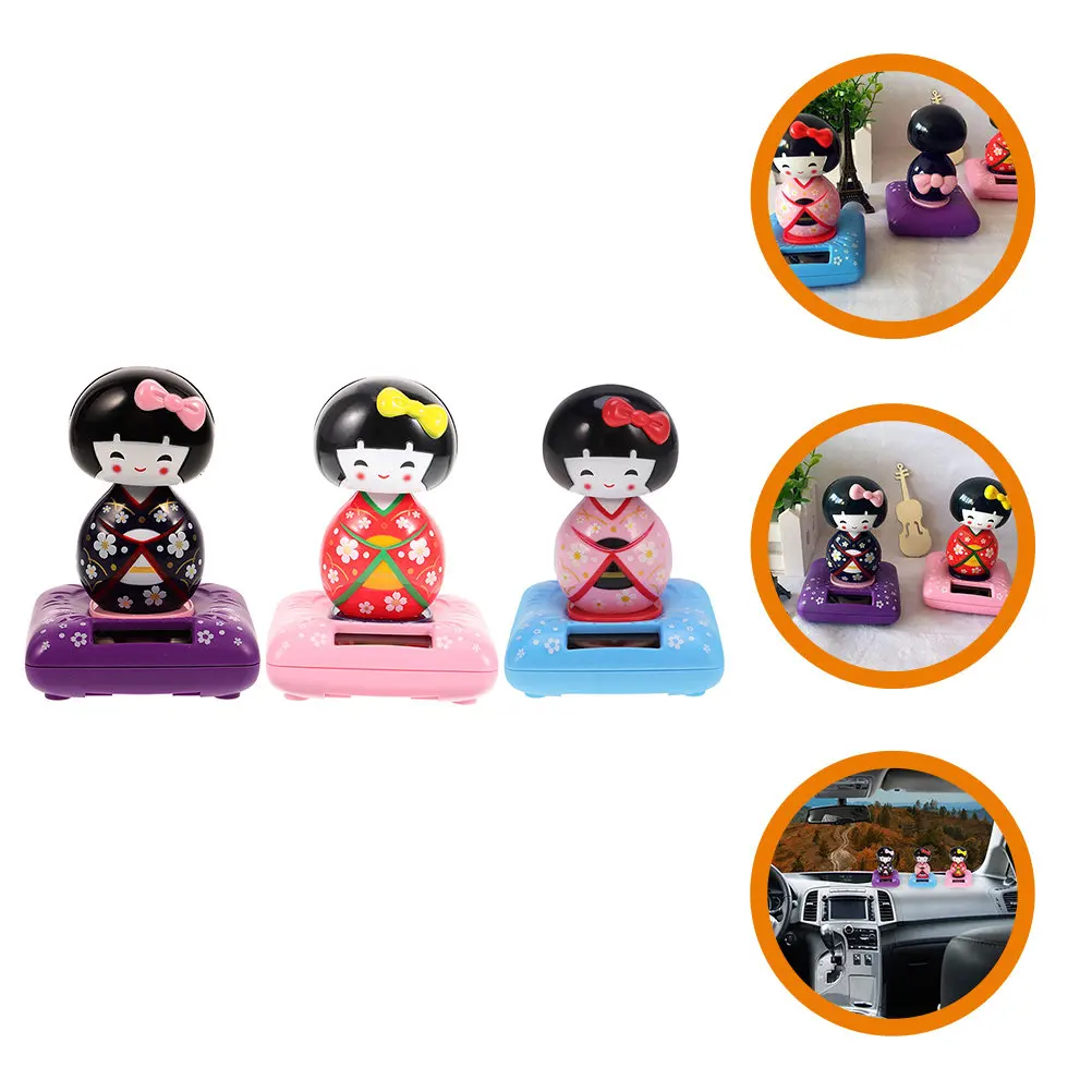 

3Pcs Kimono Shaking Head Car Ornament Desktop Decoration Solar Powered Small Plastic Statue for Office Home Interior Micro