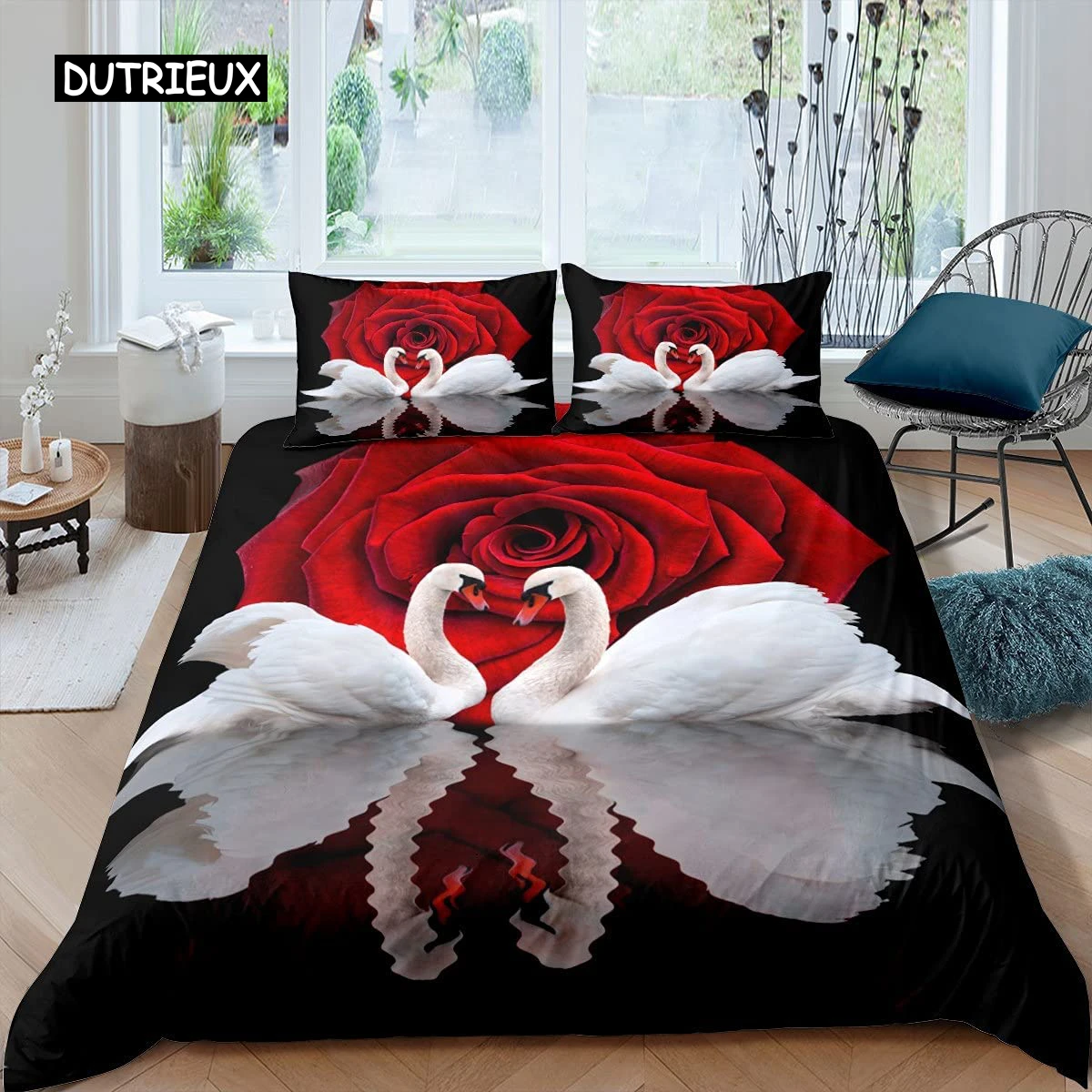 Swan Duvet Cover Black and White Swan Duvet Cover Queen Bird Comforter Cover Microfiber Romantic Flower Wild Animals Quilt Cover