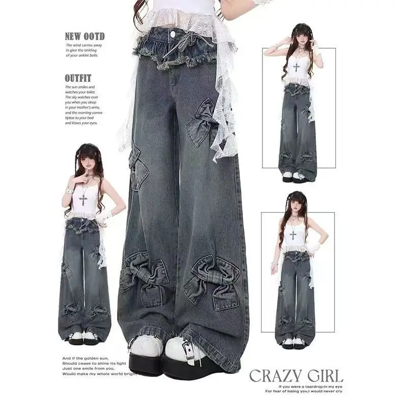 

Vintage Bow Design Baggy Jeans Woman Wide Leg Trousers Autumn High Waist Pants Korean Students Young All-match Daily Harajuku