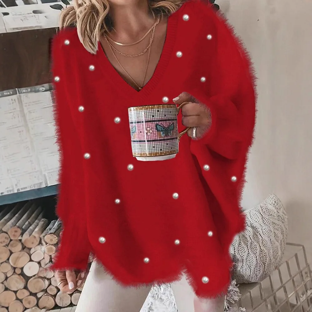 Maglione pullover V-Ne da donna Maglieria con perline di colore puro Vestibilità ampia Mid-Thi Nylon Autunno Inverno Nuova tendenza Sle Faion