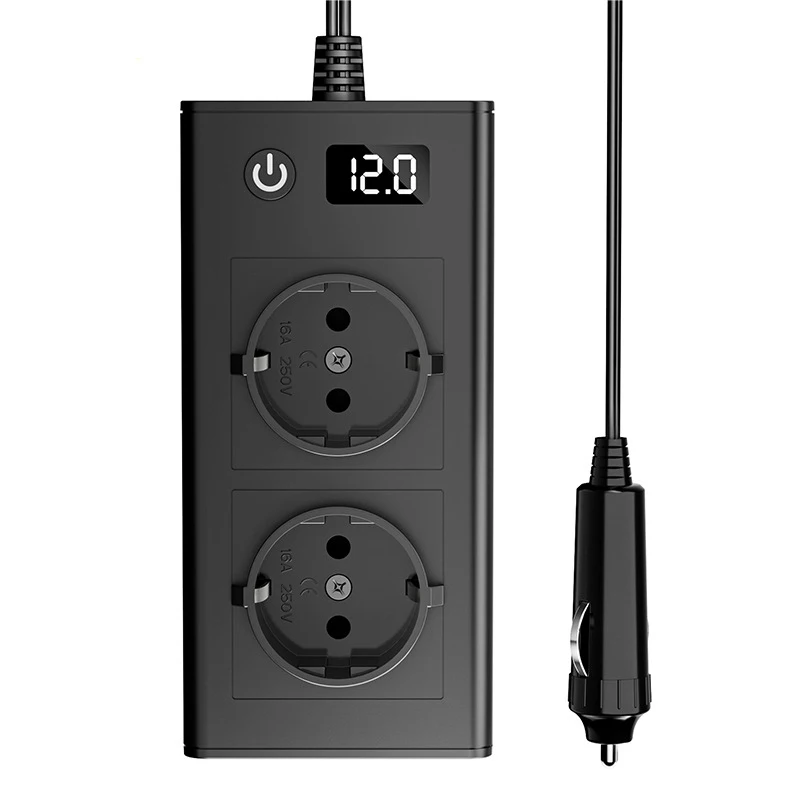 200W Portable Car Inverter Adapter Converts Cigarette Lighter Plug Digital Display with 4 USB Port 2 Sockets for Business Travel