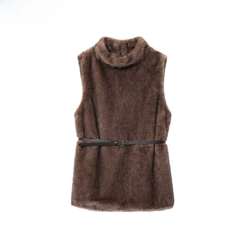 

ZBZR Faionable Artificial Fur Effect Svel Coat with Belt Autumn New Arrival Women's Outerwear Straight Cut Commute Sle