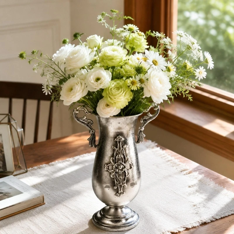 Antique Silver Metal Display Piece with Raised Pattern, Side Rings, and Base Stand for Dining Table Entry Hall Use Y5GB