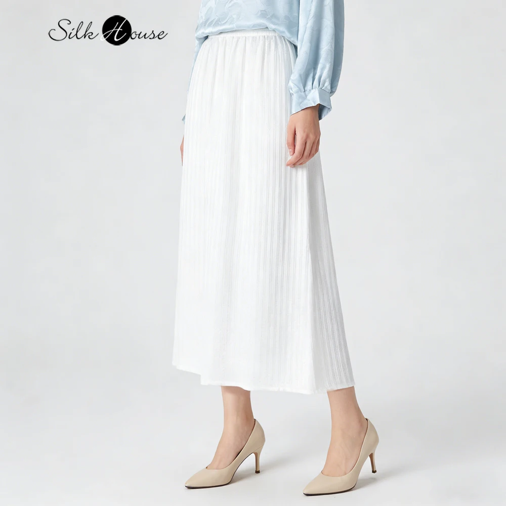 Vertical Striped Texture 80% Natural Mulberry Silk SangBo Pearl Satin Elastic Waist White Side Slit Women's Straight Tube Skirt