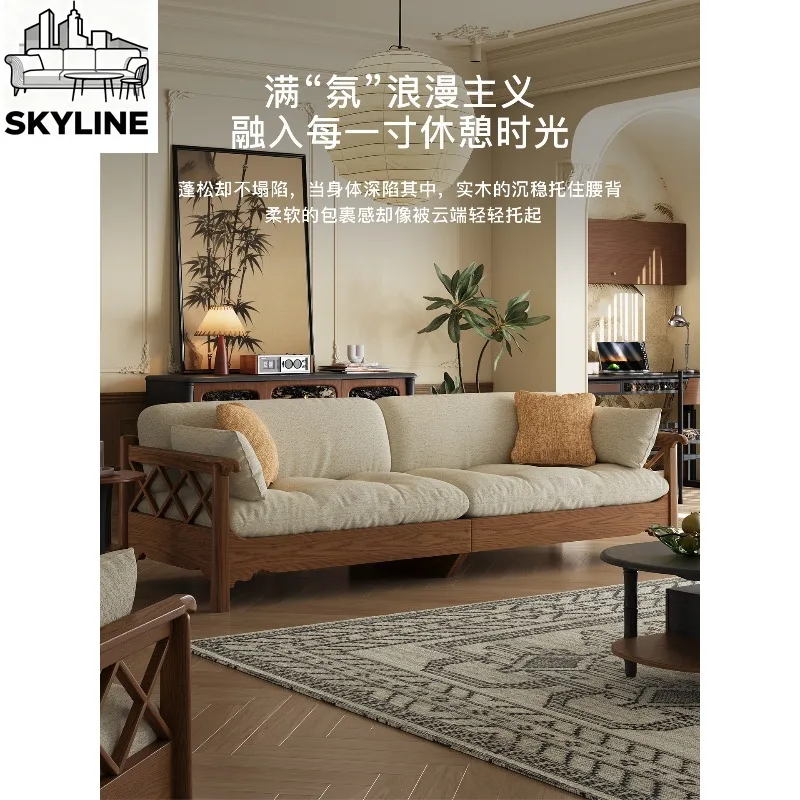 Song Style Vintage Solid Wood Frame Fabric Sofa, Removable Washable 1+2+3 Seater Straight Combination Sofa for Living Room