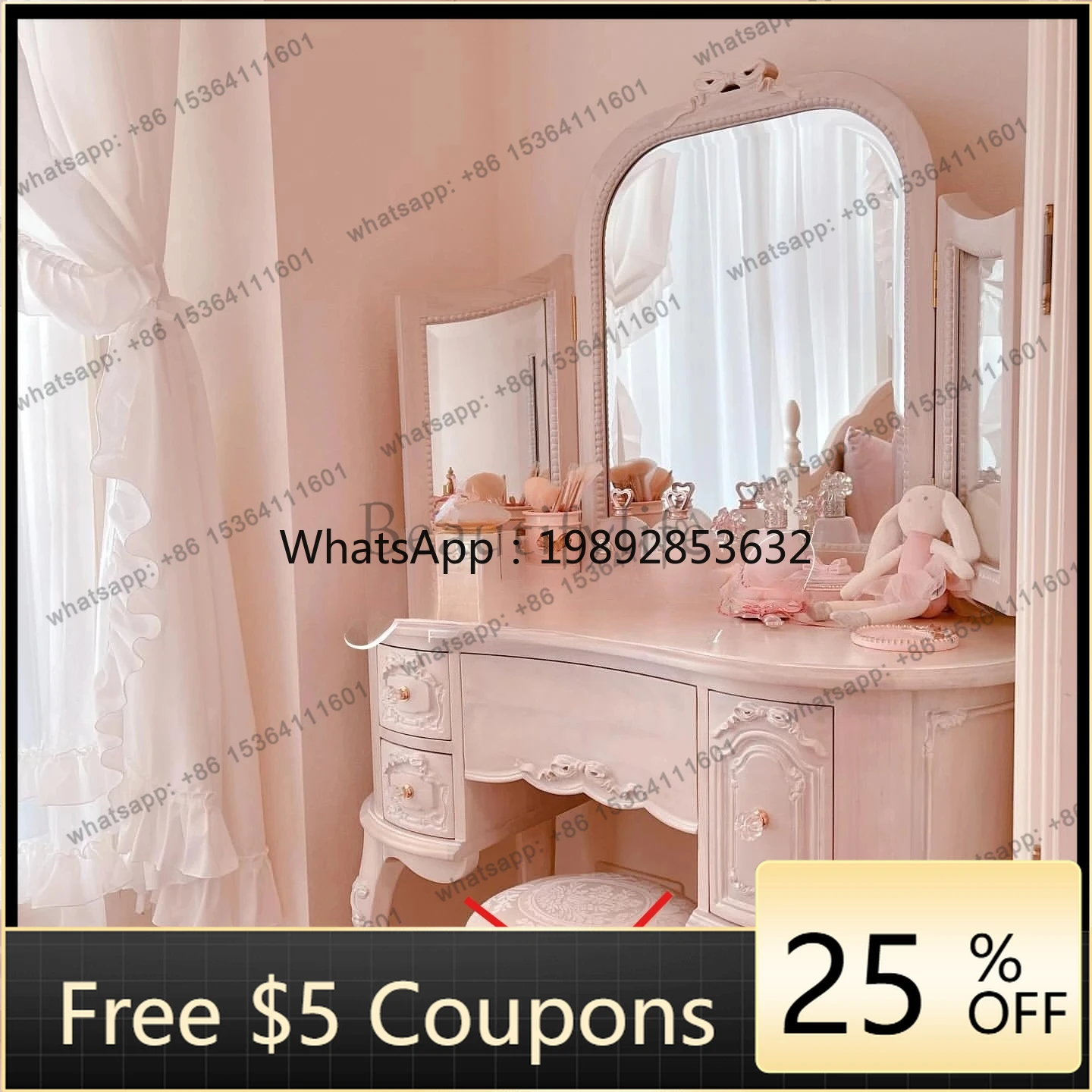 

W2 French solid wood pink bedroom pink princess style dressing table American engraved flower with mirror dressing table
