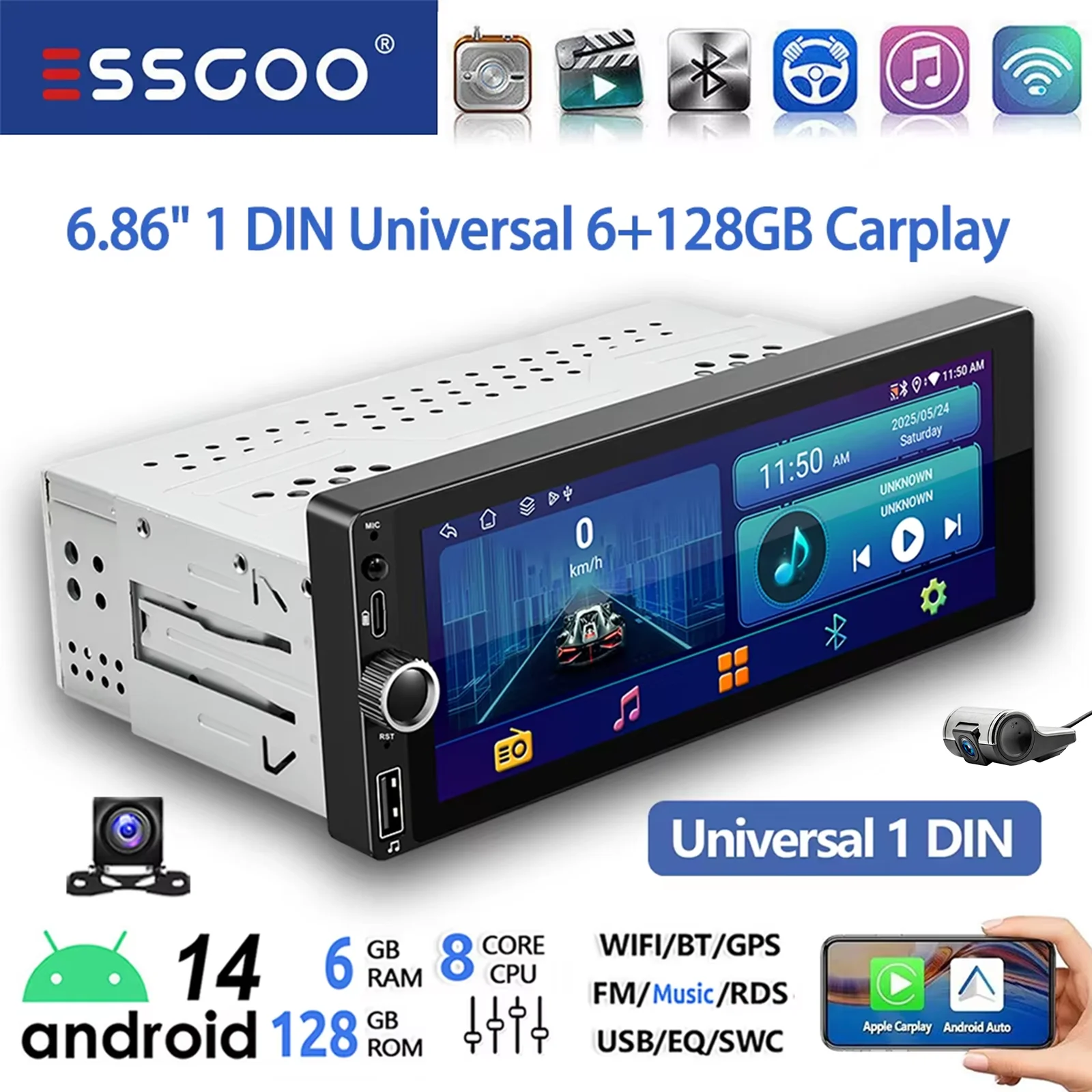 ESSGOO Enkele 1 DIN 6.86 "Android 14 6 + 128G Universele autoradio Radio CarPlay Android Auto BT USB Type-C 4G Wifi AM FM GPS Navi