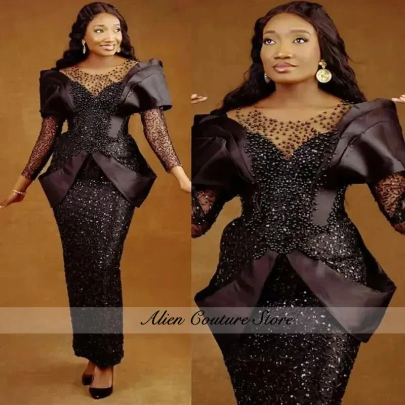 Customized Plus Size Black Prom For Special Occasions Evening Dresses Elegant Mermaid Long Sleeves Beaded Lace Birthday Dress