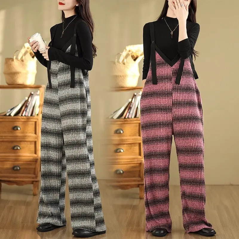

2025 Retro Striped Workwear Overalls For Women In Spring And Autumn Loose Straight Leg Casual Suspender Jumpsuit Pants A797