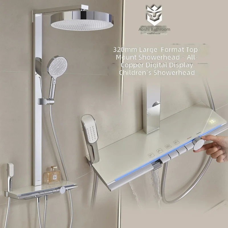 LED Atmosphere Light, Full Copper Mirror Digital Shower Set, High Pressure Rainfall, Chrome Finish, 5 Spray Modes, Easy Install