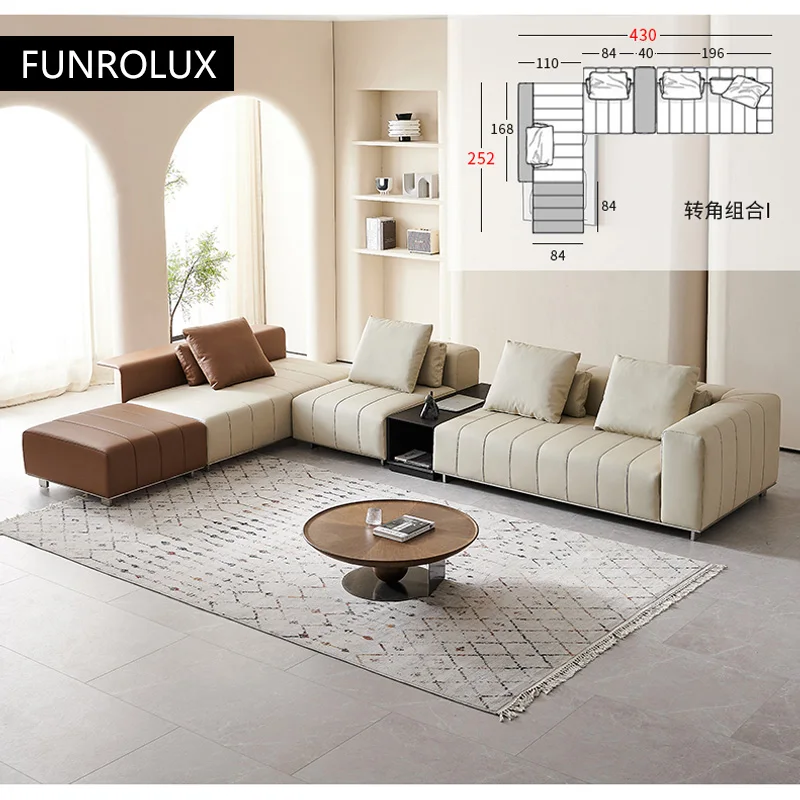 Modern Simple Piano Key Sofa Living Room Four People Head Layer Cowhide Inline Corner Leather Sofa