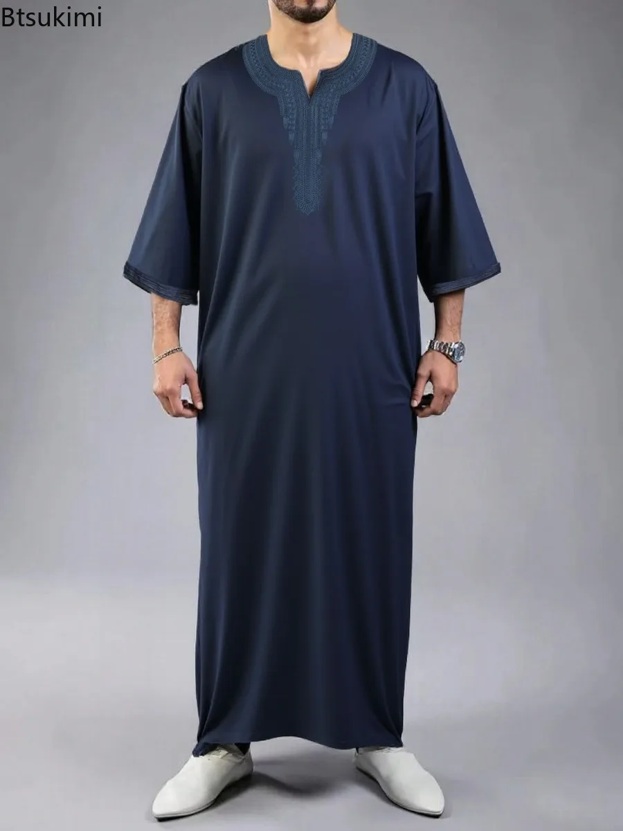 2025 Men's Traditional Muslim Clothing Eid Middle East Jubba Thobe Men Thobe Arab Muslim Robes with Short Sleeves Husband Gift