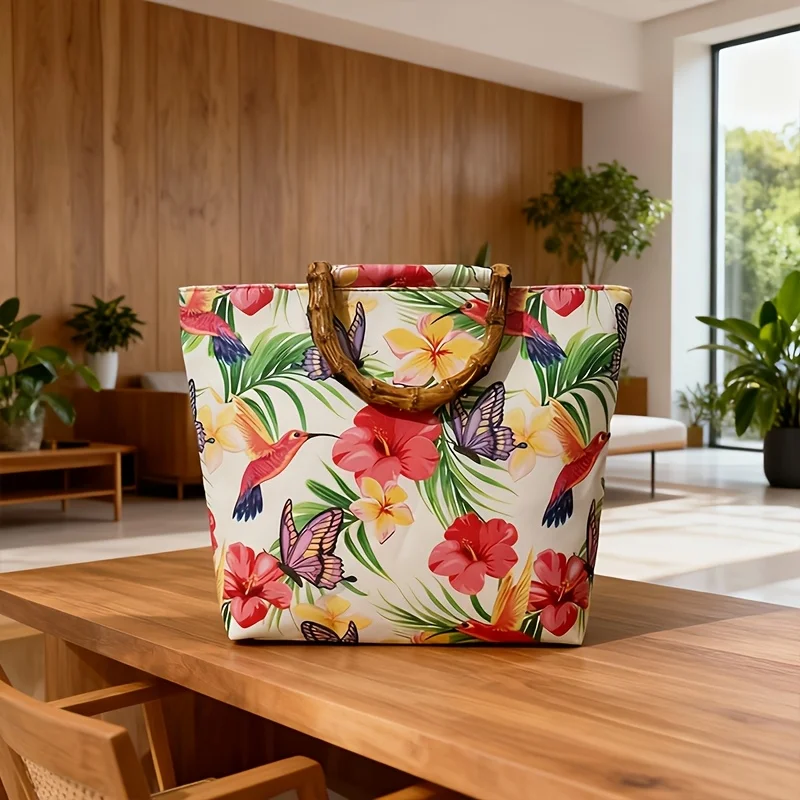 Floral, Bird, and Butterfly Print Faux Bamboo Large-Capacity Tote Bag, Versatile for Vacation and Shopping, Zipper Closure