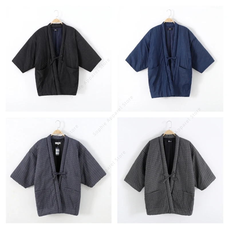 

Men Hanten Jacket Japanese Style Padded Cotton Loungewear Women Winter Kimono Quilted Cardigan Tanzen Sleepwear Top for Couples