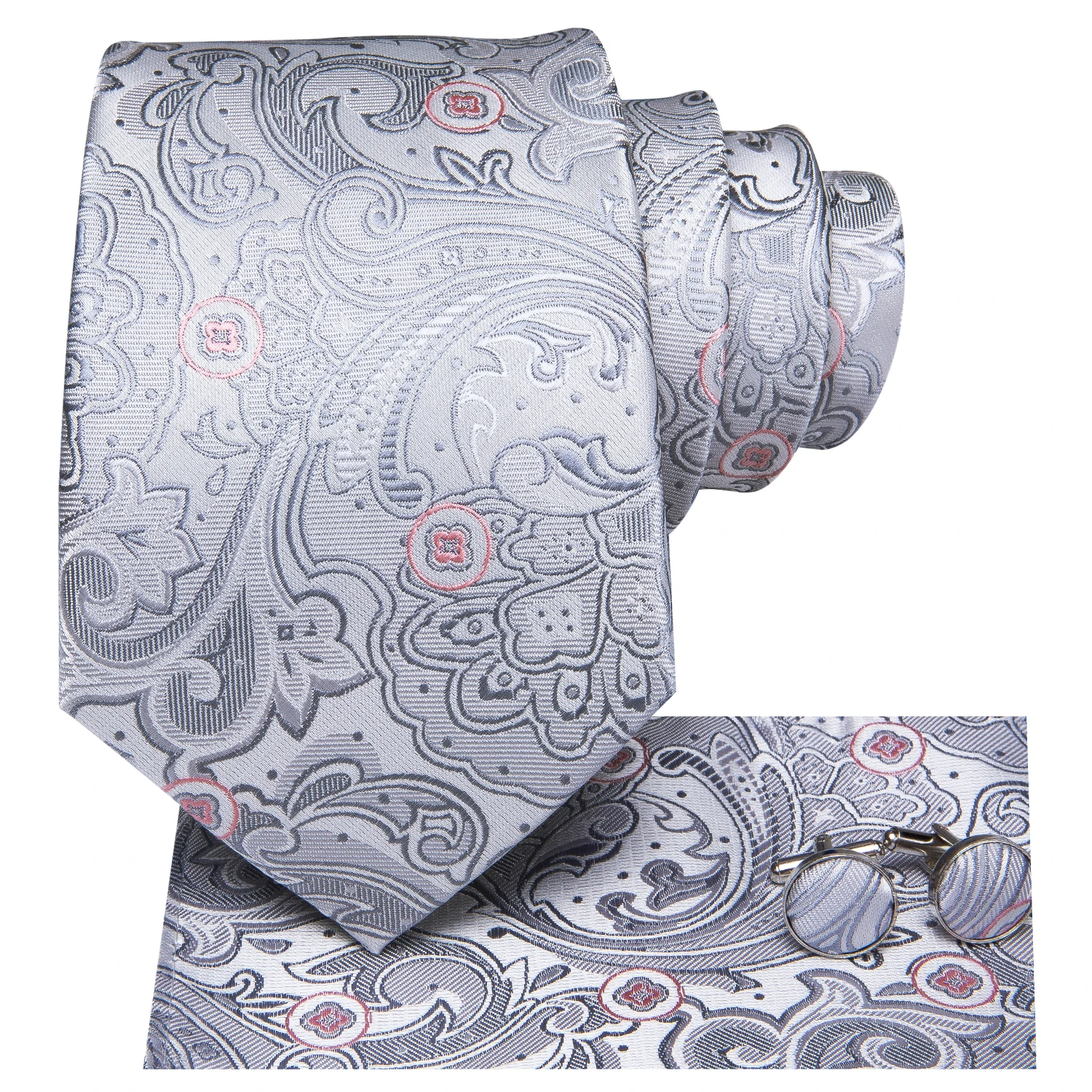 Hi-Tie Silver Fashion Men\'s Silk Elegant Tie Set Jacquard Woven Gray Necktie Hanky Cufflinks For Wedding Business Party