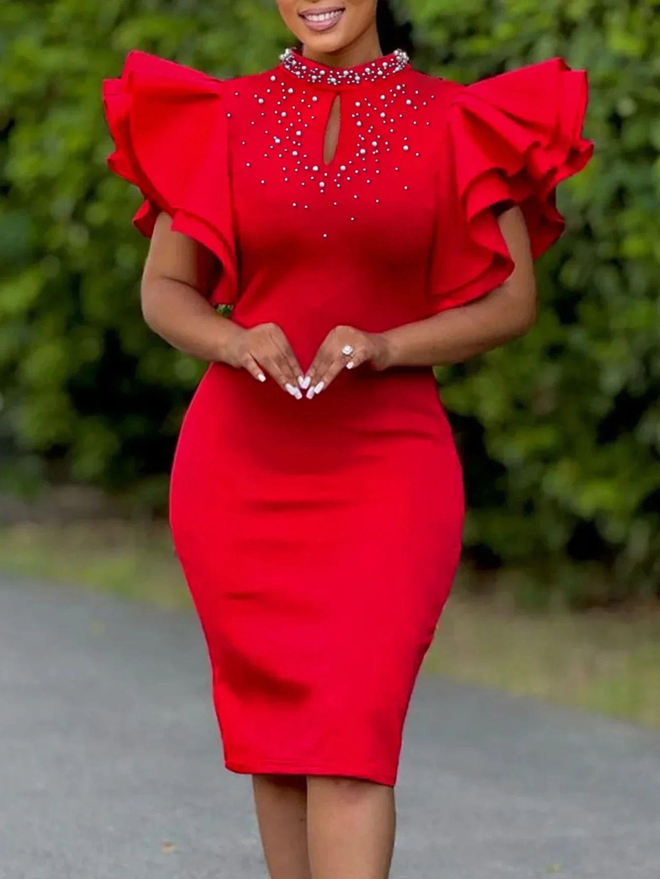 Vestido elegante informal de otoño para mujer con mangas de mariposa recortadas y cuello simulado hasta la rodilla estilo vestido de noche