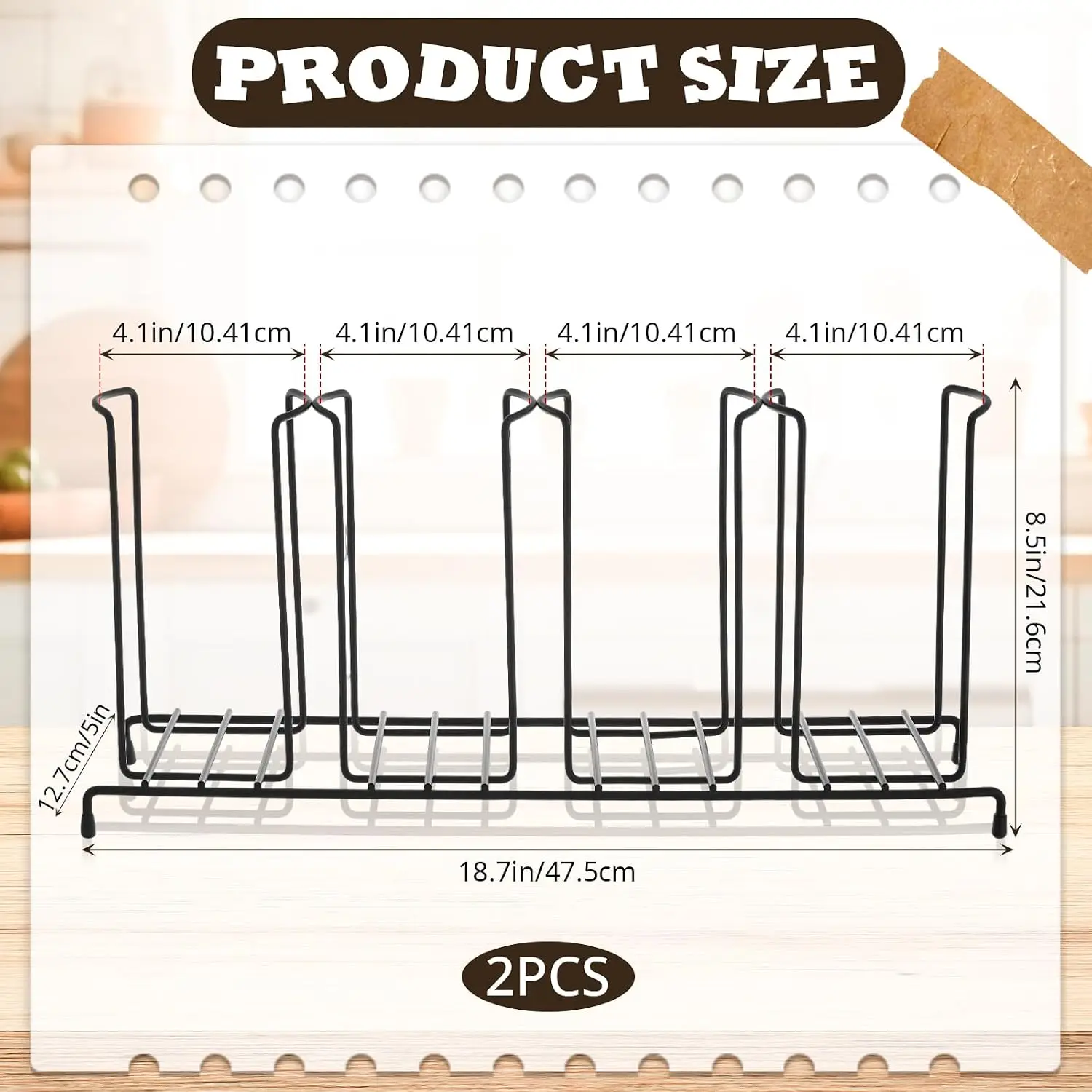 2 Pcs 4 Section Coffee Cup Organizers 18.7 x 8.5 x 5 Inch Wire Rack Coffee Cup and Lid Holder Black Iron Lid Dispenser Countertops Station Organizer for Kitchen Storage Essentials