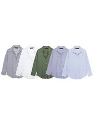 HH Women Casual Striped Blouse Single Breasted Long Sleeve Lapel Shirt Elegant Solid Office Lady Chic Top Shirts