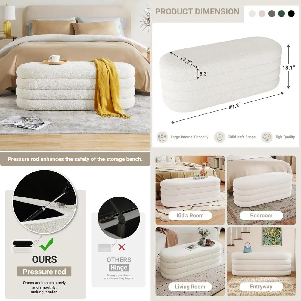

Upholstered Fabric Storage Ottoman Bench 49.2 Inch Large Aesthetic Oval Bedroom End Bed Storage Furniture for Living Room
