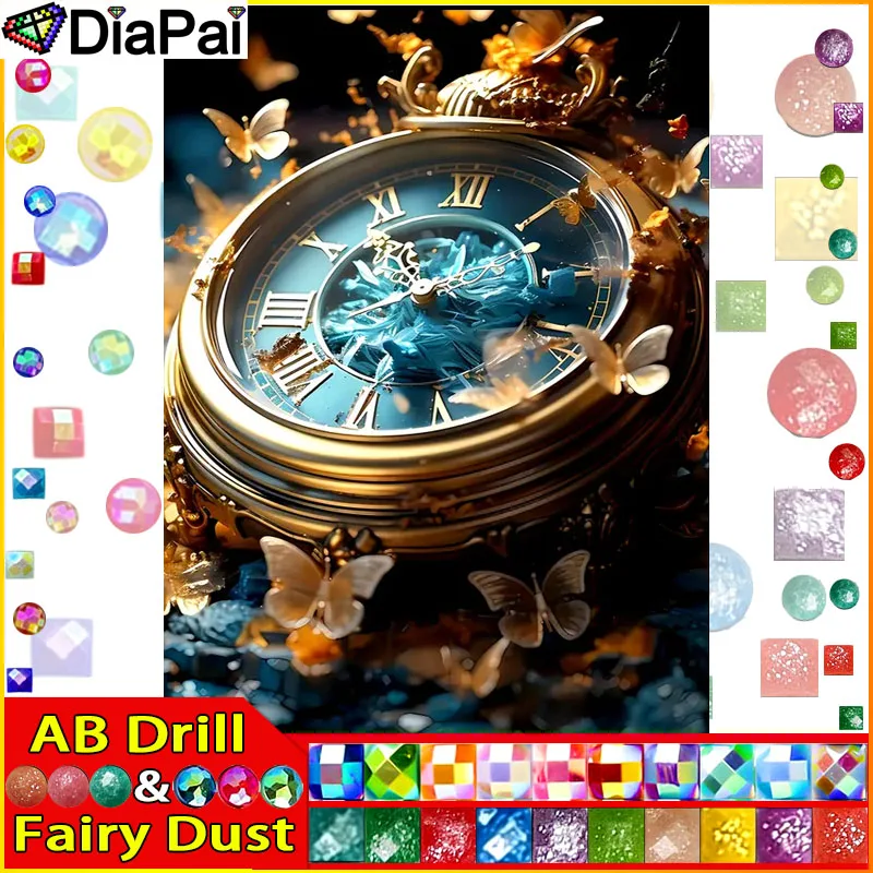 DiaPai Fairy Dust AB  Diamond Painting Cross Stitch Pattern 5D Diamond Embroidery " Clock Butterfly" Home Decor DIY diamond Art