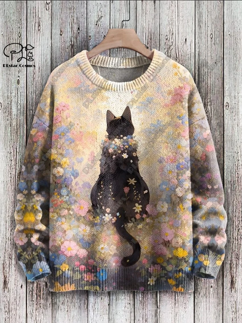 PLstar Cosmos new 3D printed animal series cute funny cat pattern ugly sweater winter street casual unisex M-12